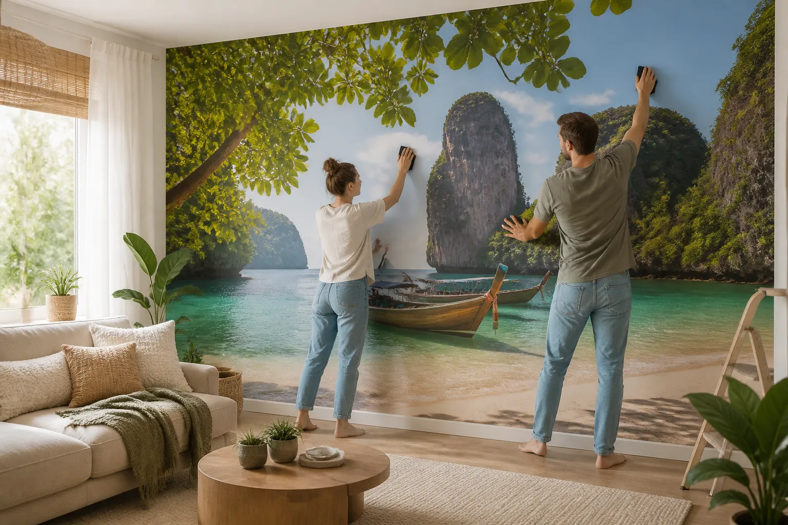 stel brengt muurvullend fotobehang met eigen foto aan in lichte woonkamer met bank en planten
