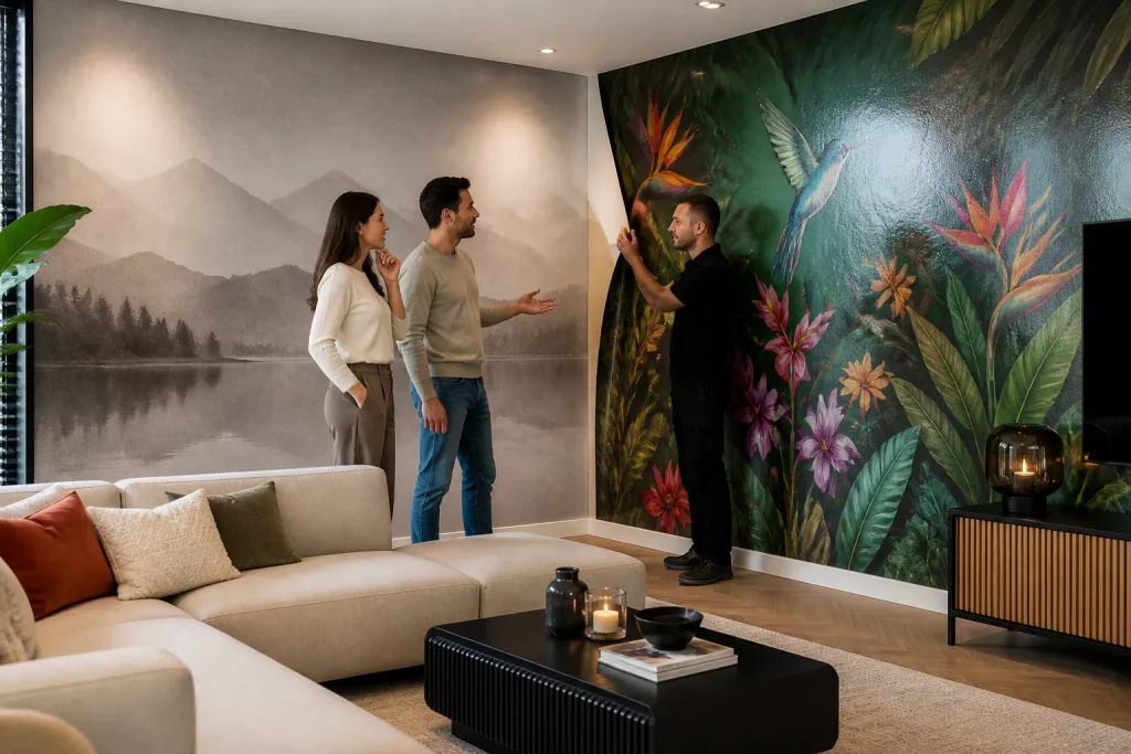 woonkamer met twee verschillende muurvullende fotobehangen terwijl een stel met een installateur de materialen vergelijkt