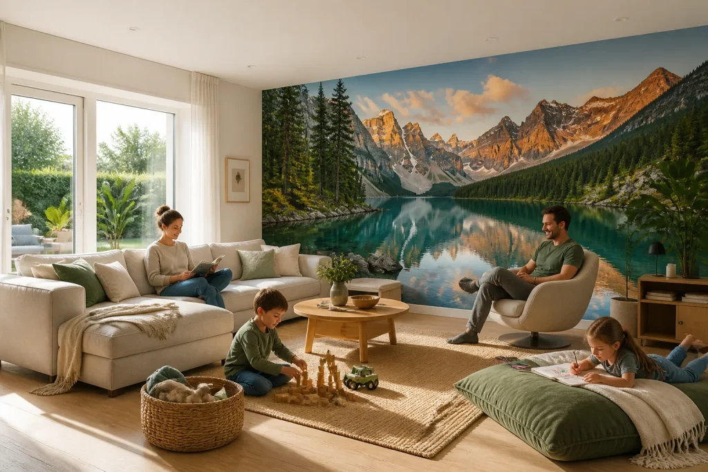 gezinswoonkamer waar een grote muur met kleurrijk fotobehang centraal staat terwijl mensen ontspannen en spelen