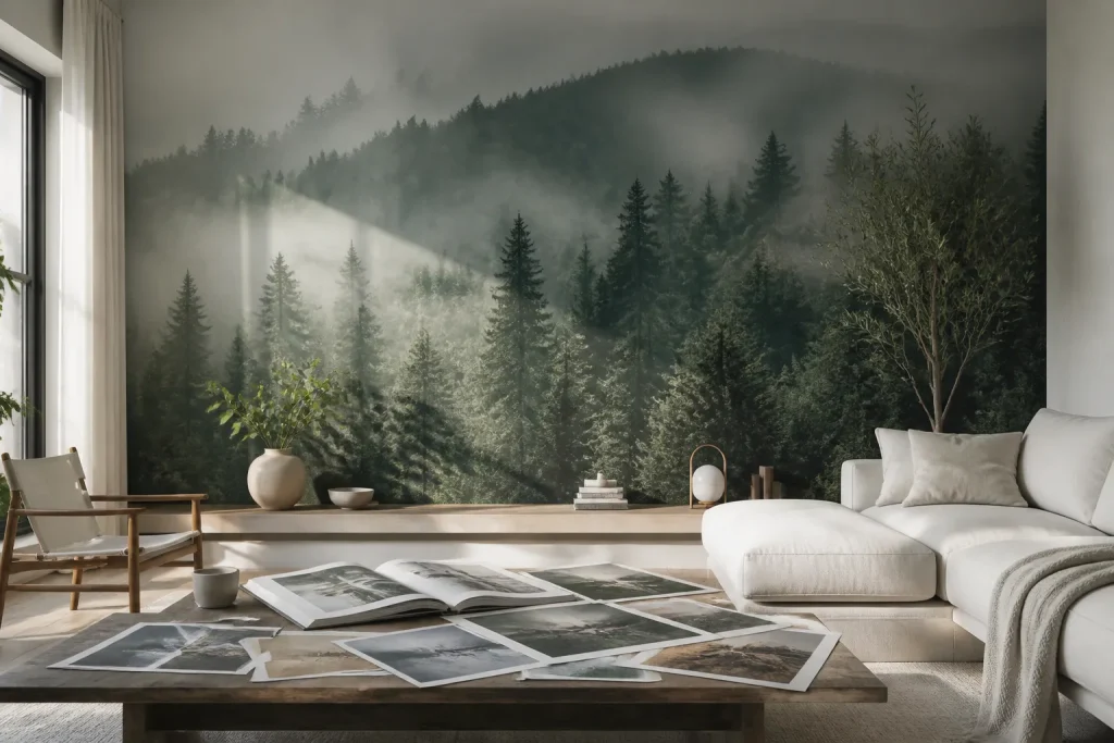 moderne woonkamer met mistig bos-fotobehang en stalenboeken met verschillende fotobehangthema’s op tafel