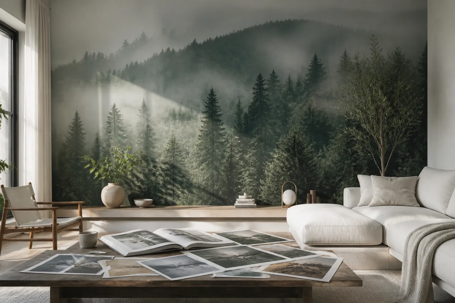 moderne woonkamer met mistig bos-fotobehang en stalenboeken met verschillende fotobehangthema’s op tafel