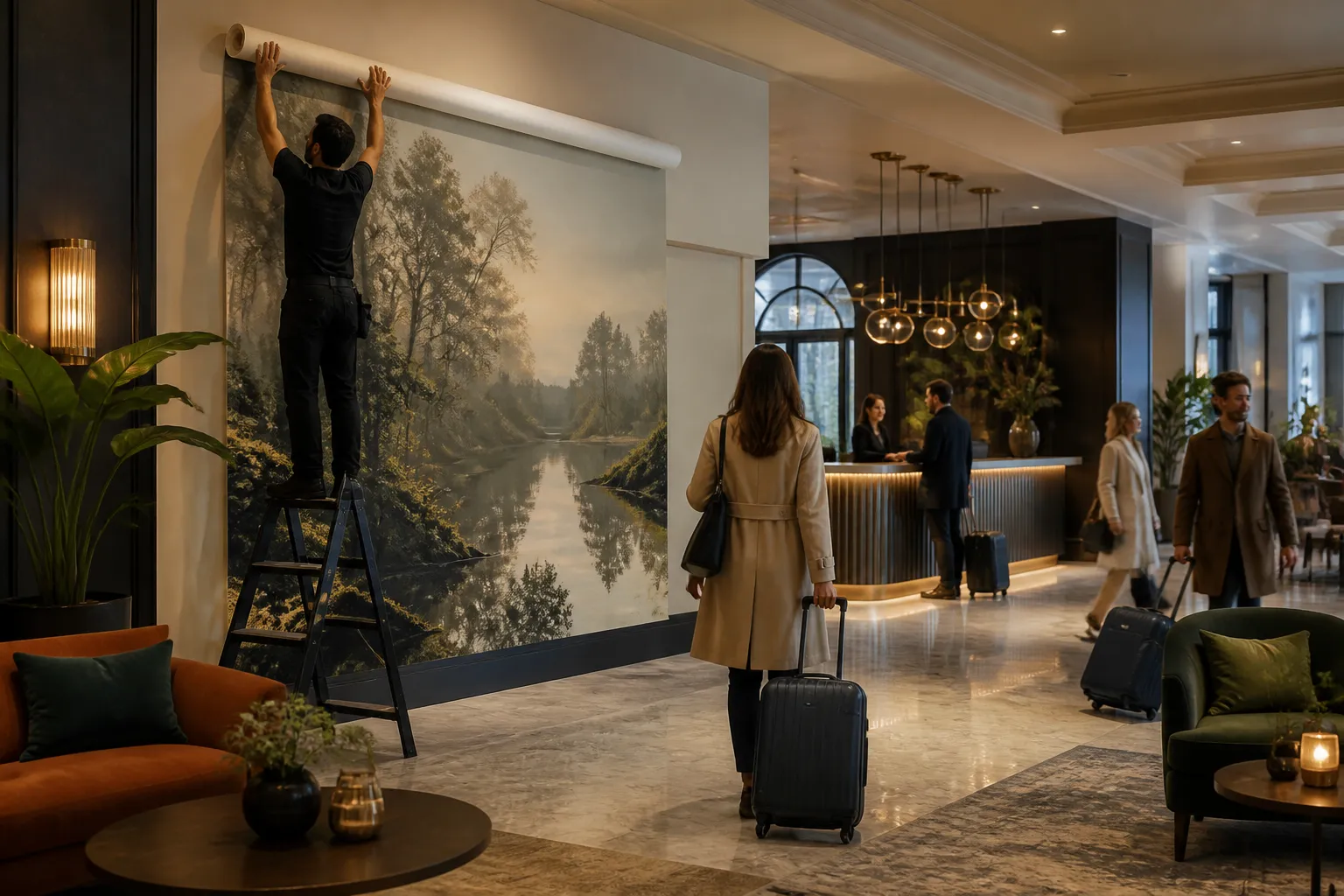 stylist brengt groot naadloos fotobehang aan in drukke hotellobby met gasten en zitgedeelte