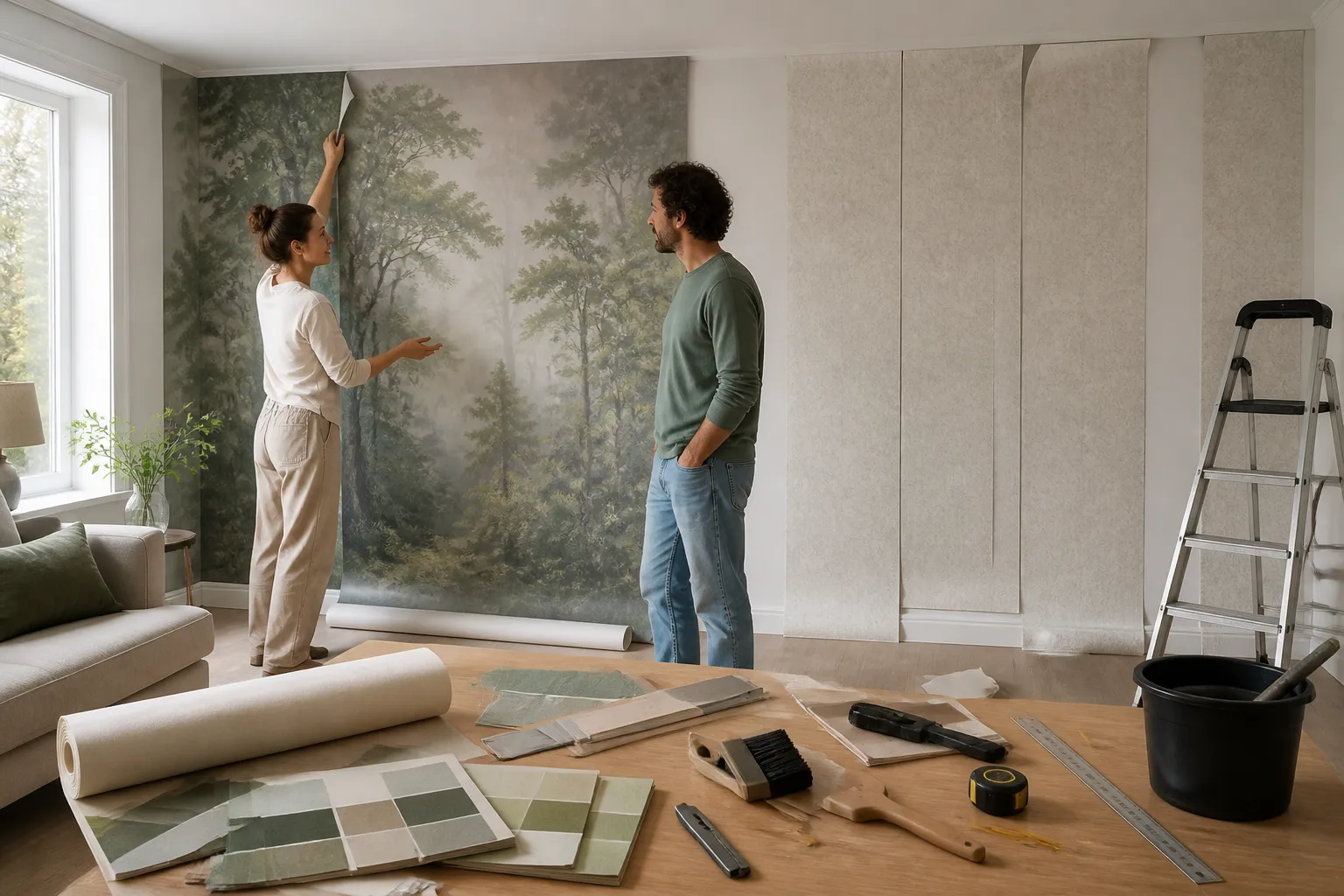 woonkamer waar op één muur een naadloos fotobehangpaneel hangt en op de andere muur behang in banen wordt geplakt
