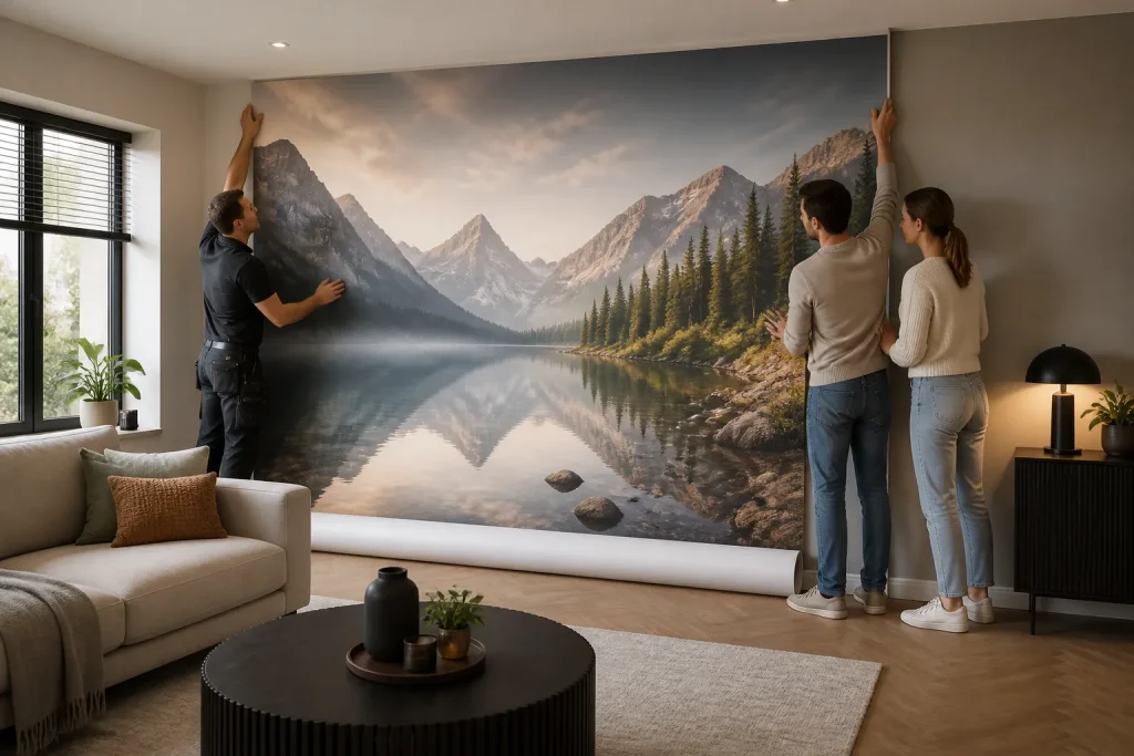 monteur en bewoners plaatsen een groot naadloos fotobehangpaneel in één stuk in een ingerichte woonkamer