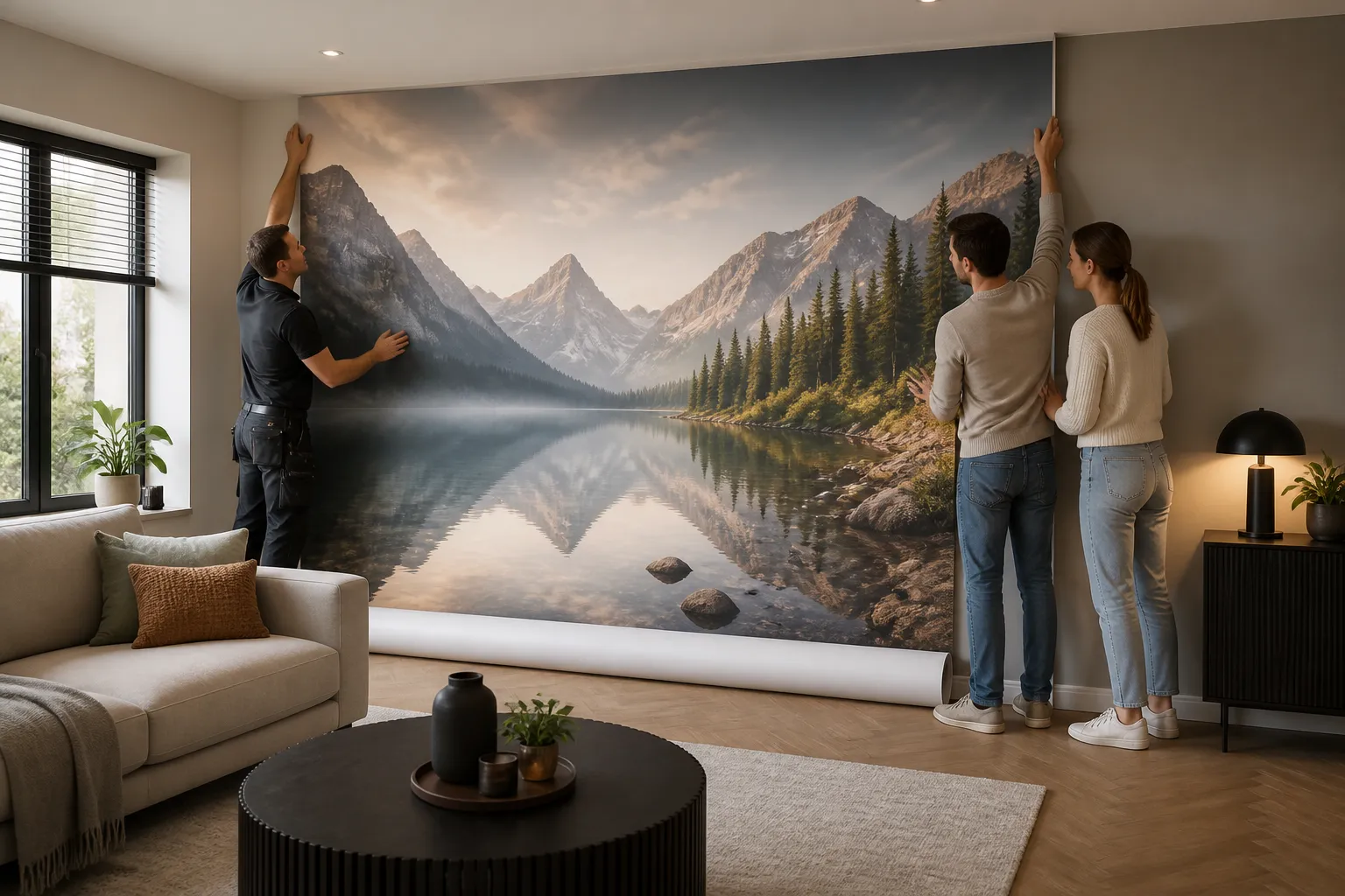 monteur en bewoners plaatsen een groot naadloos fotobehangpaneel in één stuk in een ingerichte woonkamer