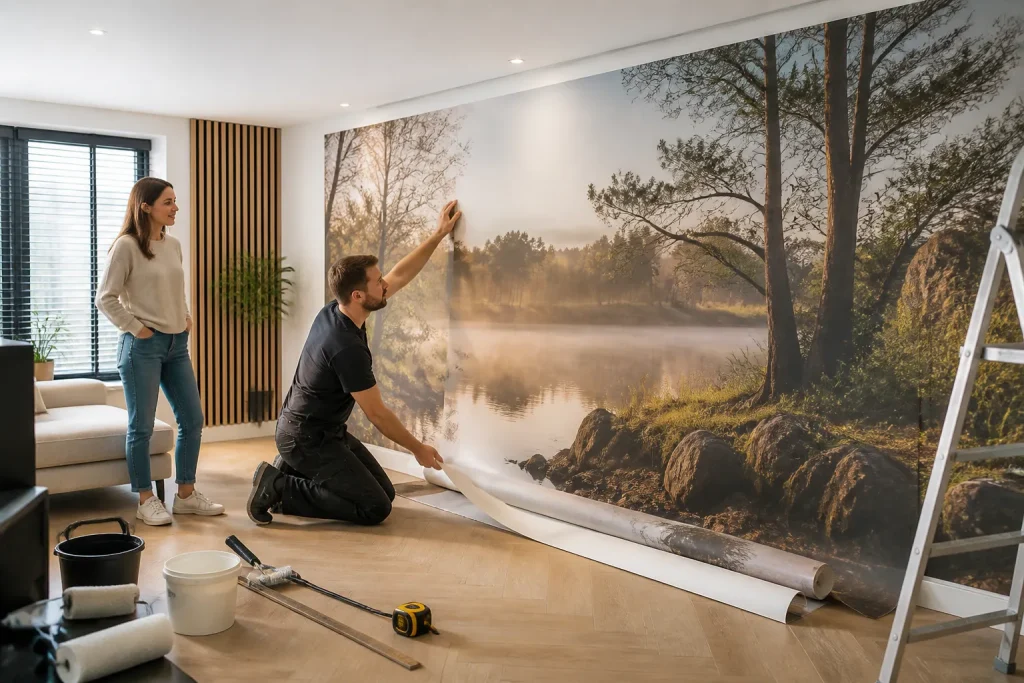 monteur en klant rollen een groot naadloos fotobehangpaneel in één stuk over een woonkamerwand