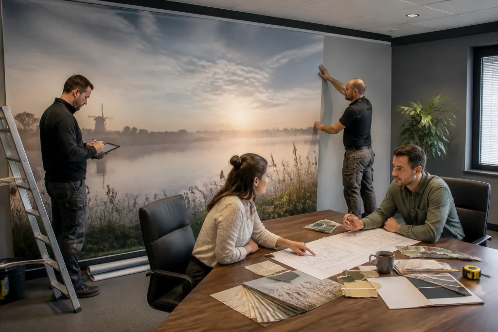 monteur brengt fotobehang aan op grote vergaderruimtewand terwijl collega en medewerkers meekijken aan tafel