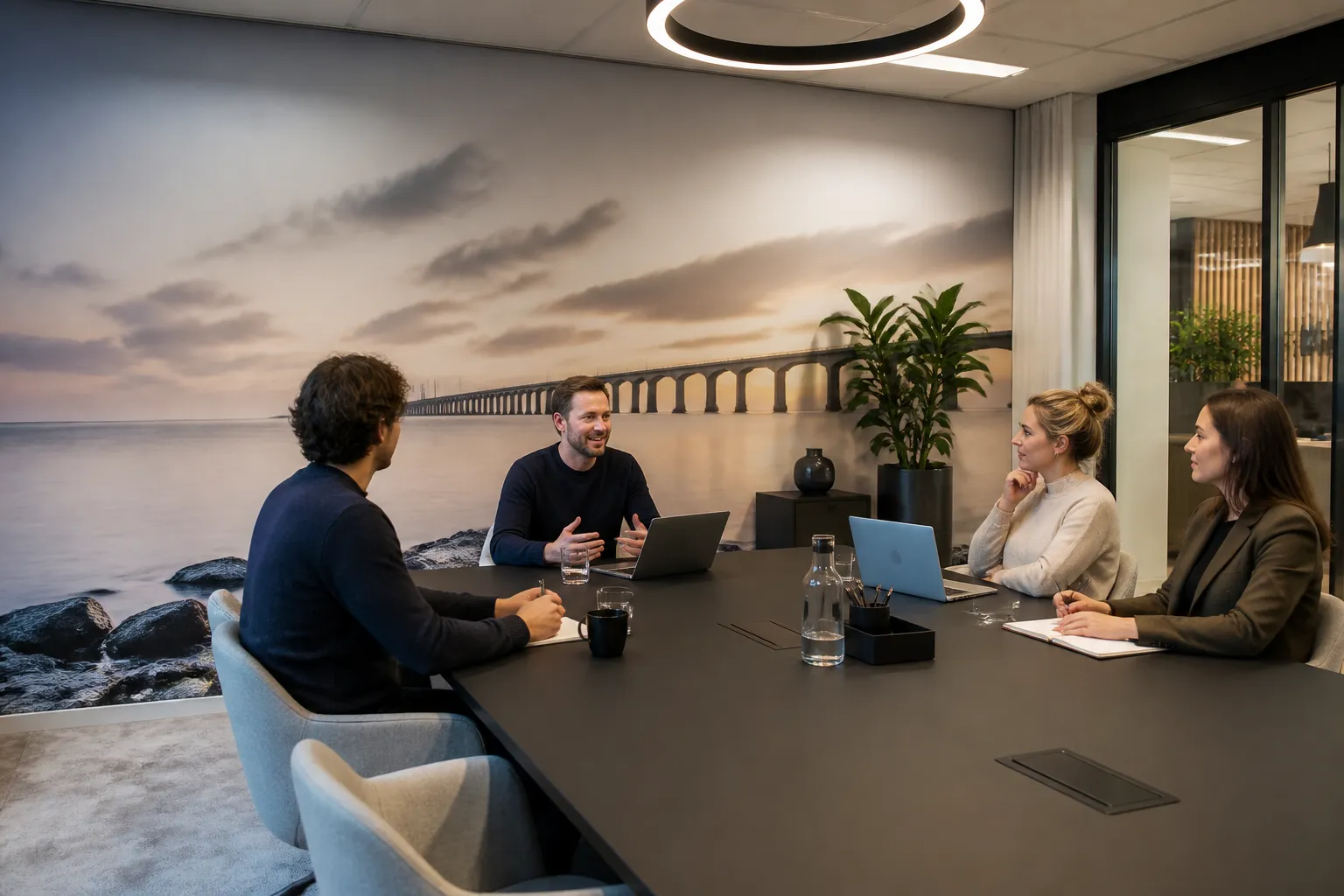 team in vergaderruimte met grote wand vol maatwerk zakelijk fotobehang achter de tafel