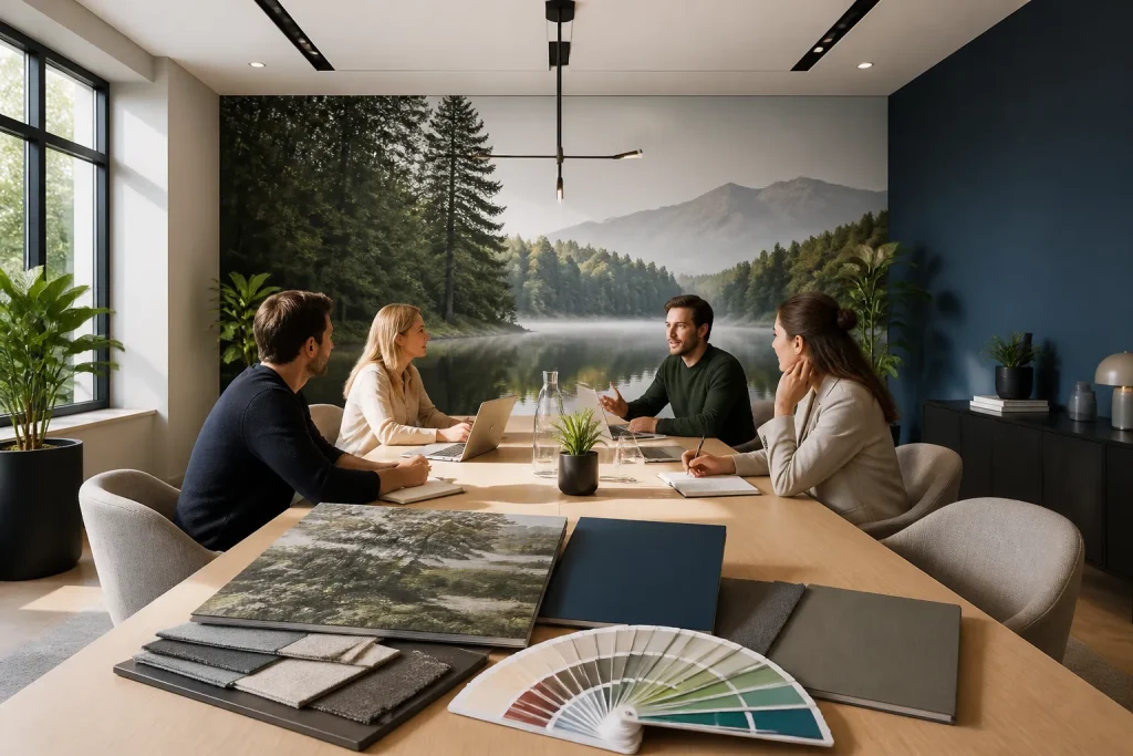 vergaderruimte met één wand met zakelijk fotobehang en een tegenoverliggende egaal geverfde wand, team in overleg aan tafel