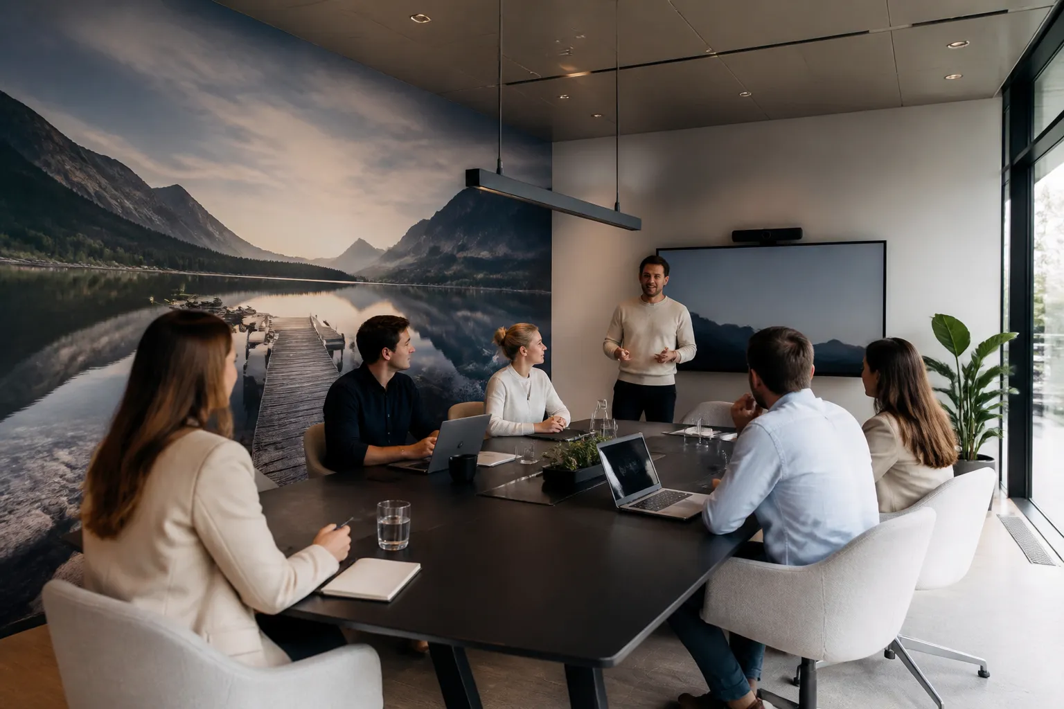 vergaderruimte met teams in overleg en een volledige wand met zakelijk fotobehang