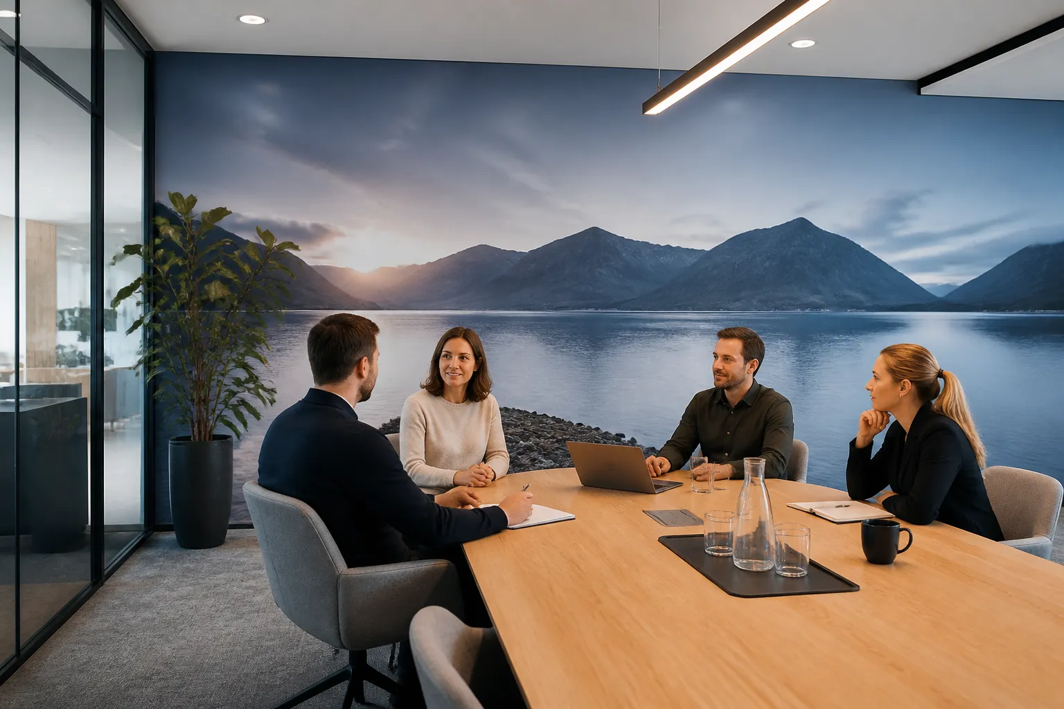 vergaderruimte met volledige wand fotobehang waar collega’s in een rustig overleg zitten