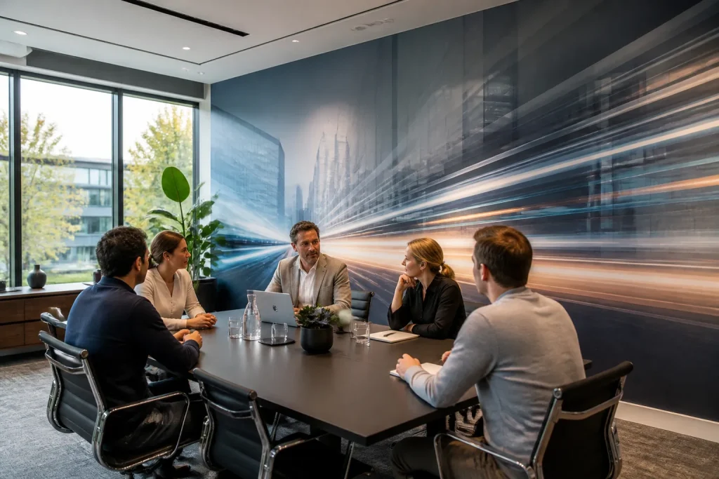 vergaderruimte met volledige wand van maatwerk fotobehang en mensen in overleg aan een grote tafel